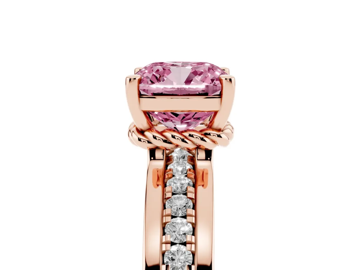 Fancy Pink Cushion Cut Solitaire Diamond Ring with Channel Set Band and Six-Prong Setting Rose gold