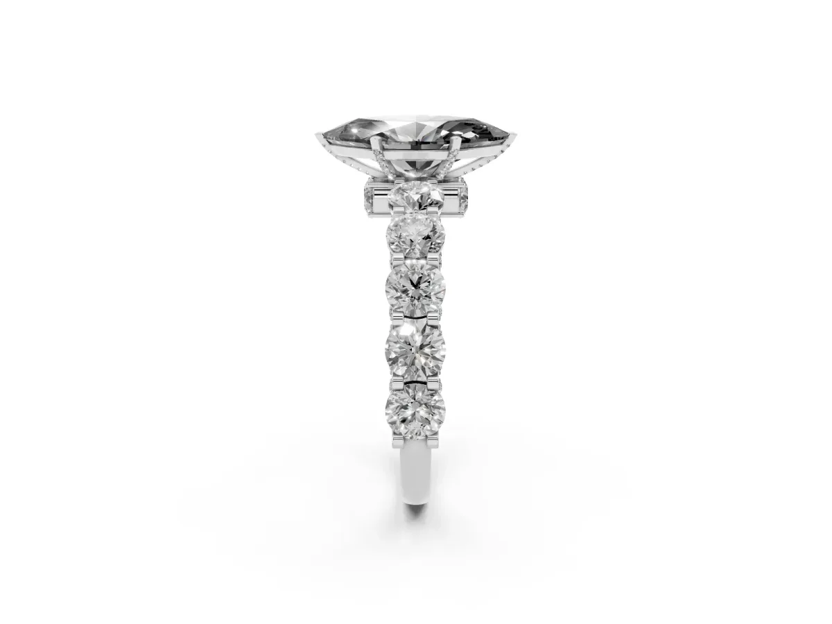 Fancy Black Marquise Cut Diamond Side Stone Engagement Ring with Four-Prong Setting Silver