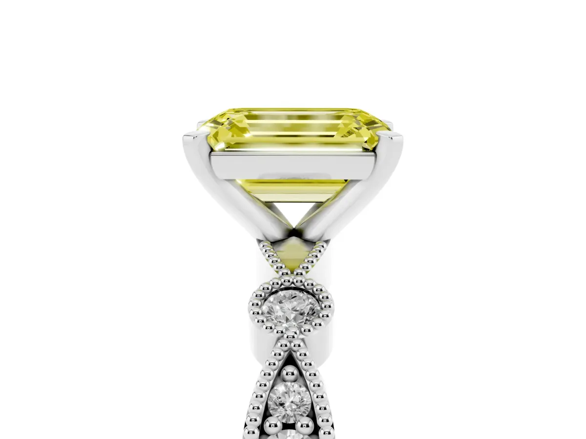 Fancy Yellow Emerald Cut Milgrain Bezel Diamond Engagement Ring with Solitaire Prong Setting Platinum