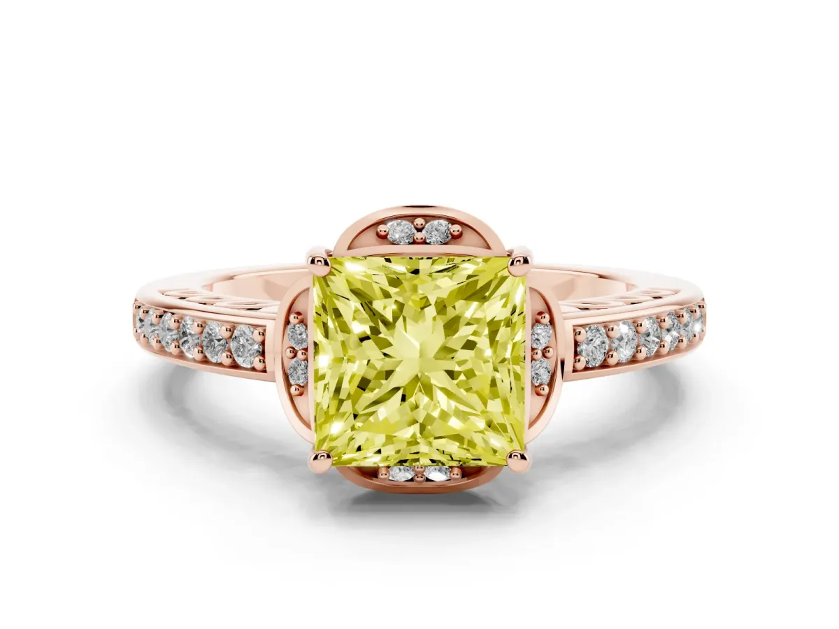 Fancy Yellow Princess Cut Cut Halo Diamond Ring with Channel Set Band and Four-Prong Setting Rose gold
