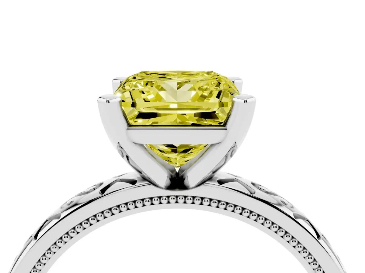 Fancy Yellow Princess Cut Solitaire Engagement Ring with Scrollwork Band and Four-Prong Setting Silver