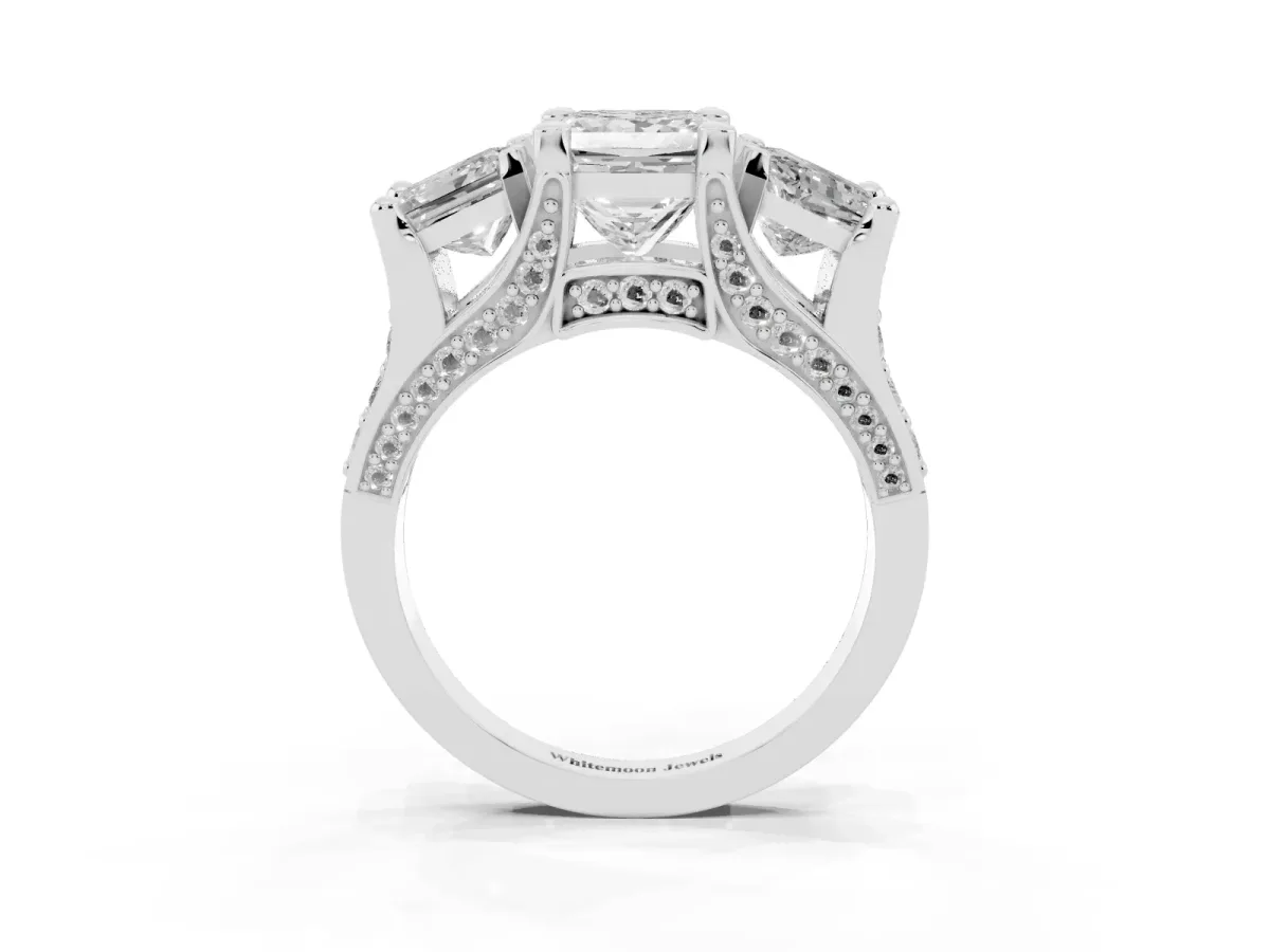 Princess Cut Diamond Three-Stone Ring with Channel Set Band and Four-Prong Setting Silver