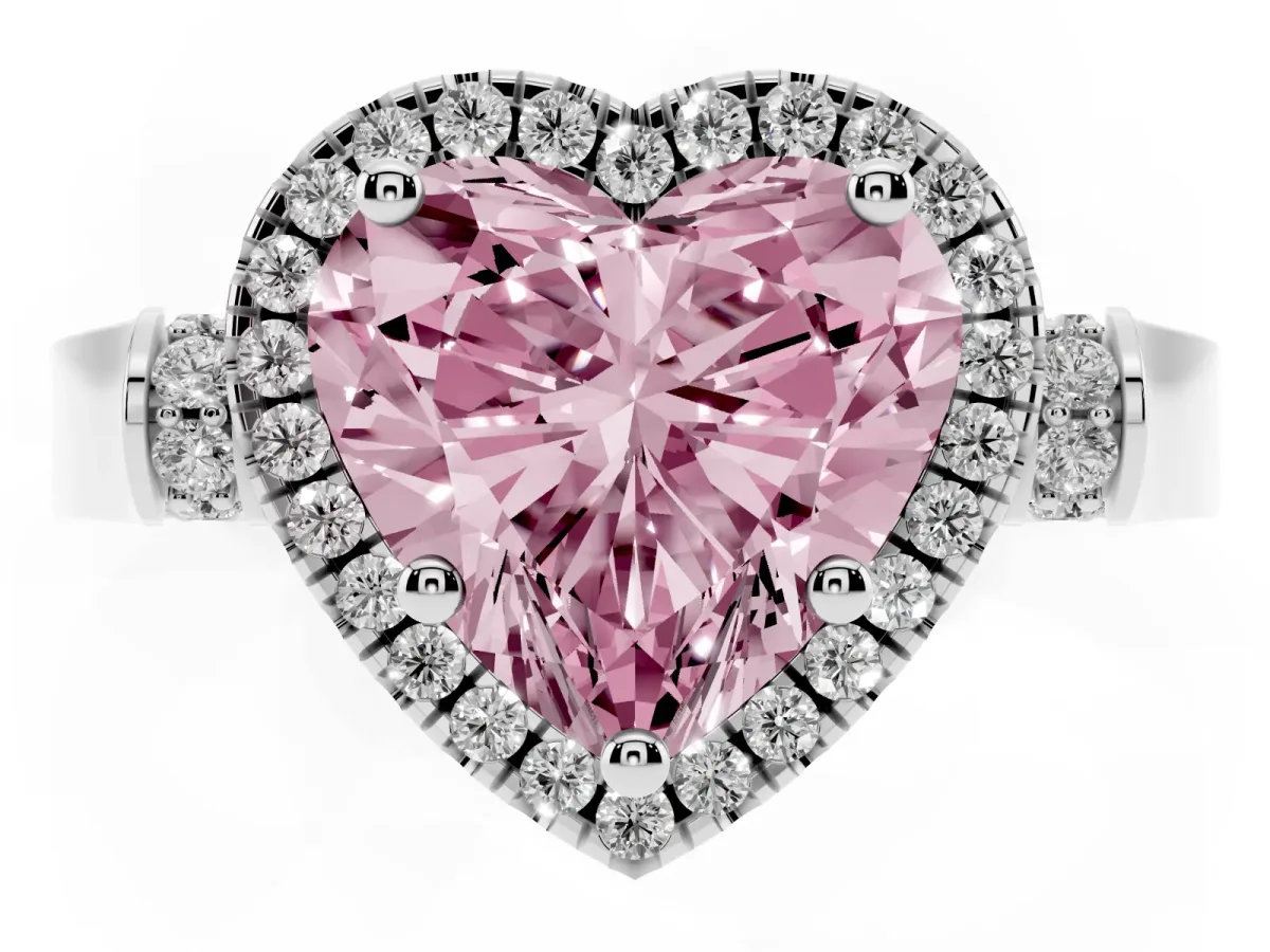 Fancy Pink Heart Cut Halo Round Diamond Twist Band with Four-Prong Setting Platinum