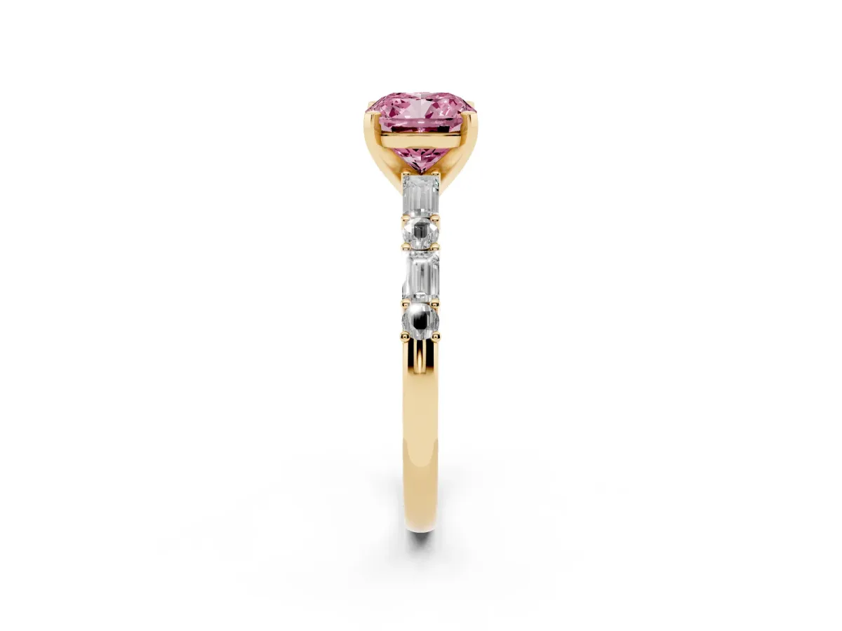 Fancy Pink Cushion Cut Diamond Solitaire with Side Baguettes and Channel Set Band Yellow gold