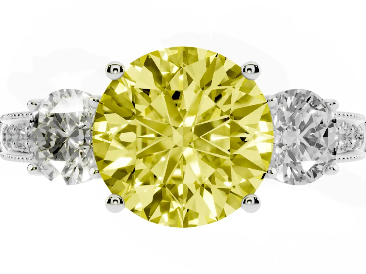 Fancy Yellow Round Cut Three-Stone Diamond Ring with Pavé Band and Four-Prong Setting Silver
