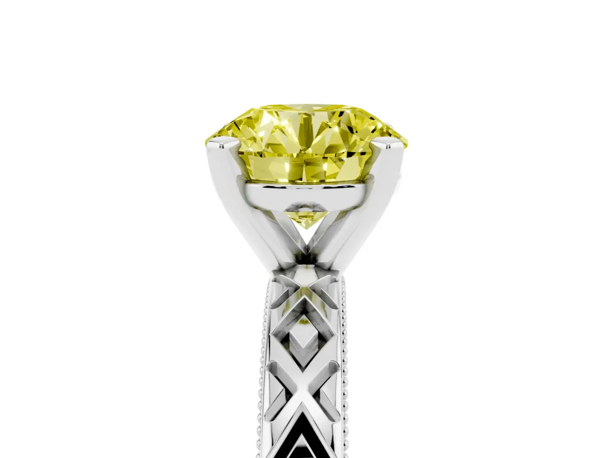 Fancy Yellow Round Cut Solitaire Diamond Ring with Milgrain and Black Enamel X Pattern Band Silver