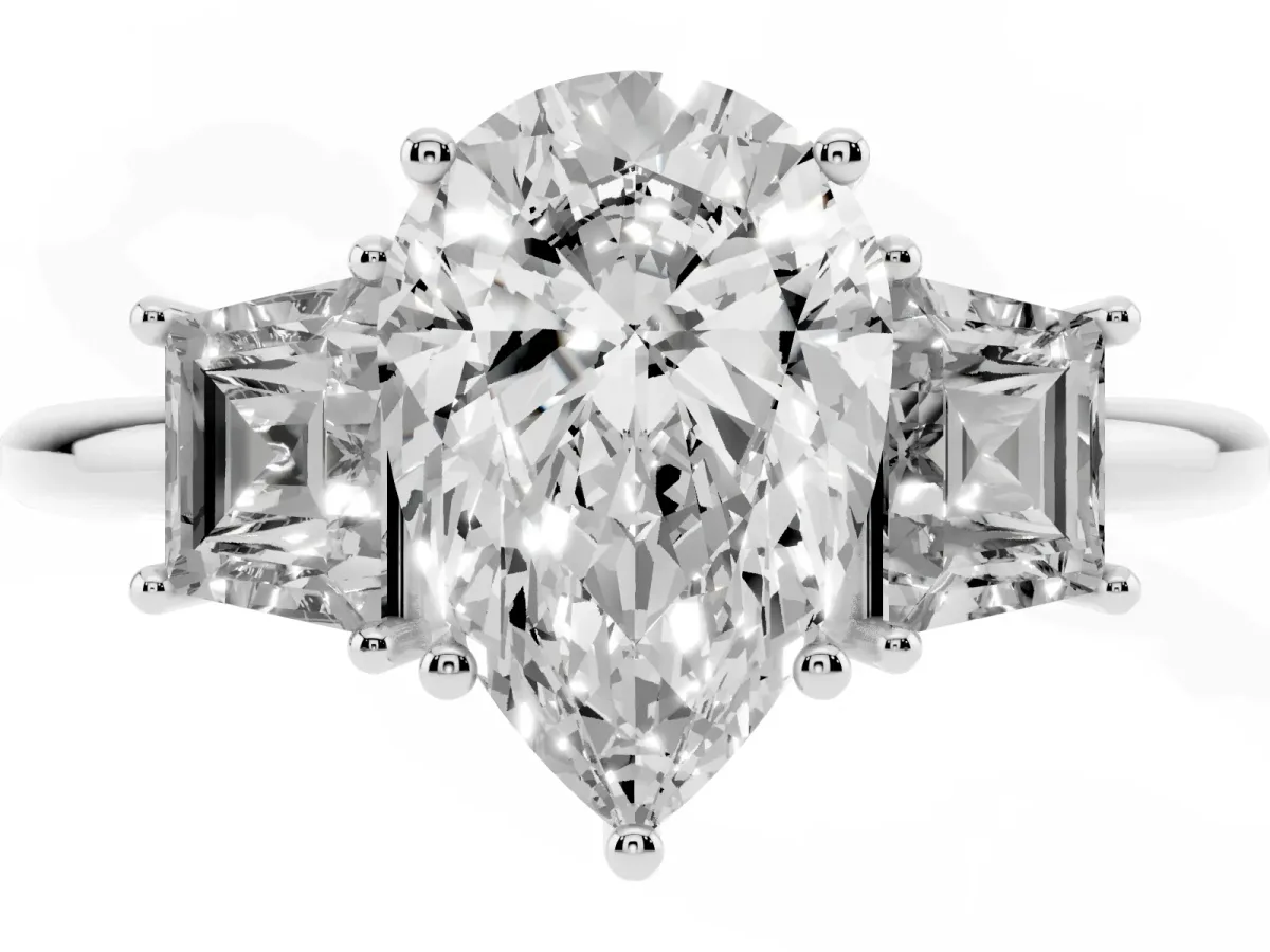 Pear Cut Diamond Three-Stone Ring with Trapezoid Side Stones and Prong Setting Platinum