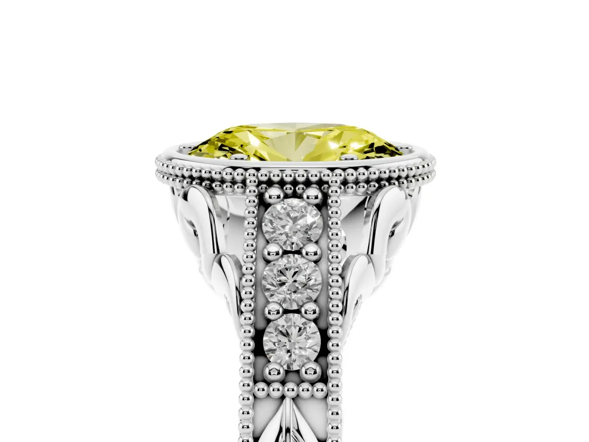 Fancy Yellow Bezel Set Oval Cut Diamond Milgrain Pave Engagement Ring Silver