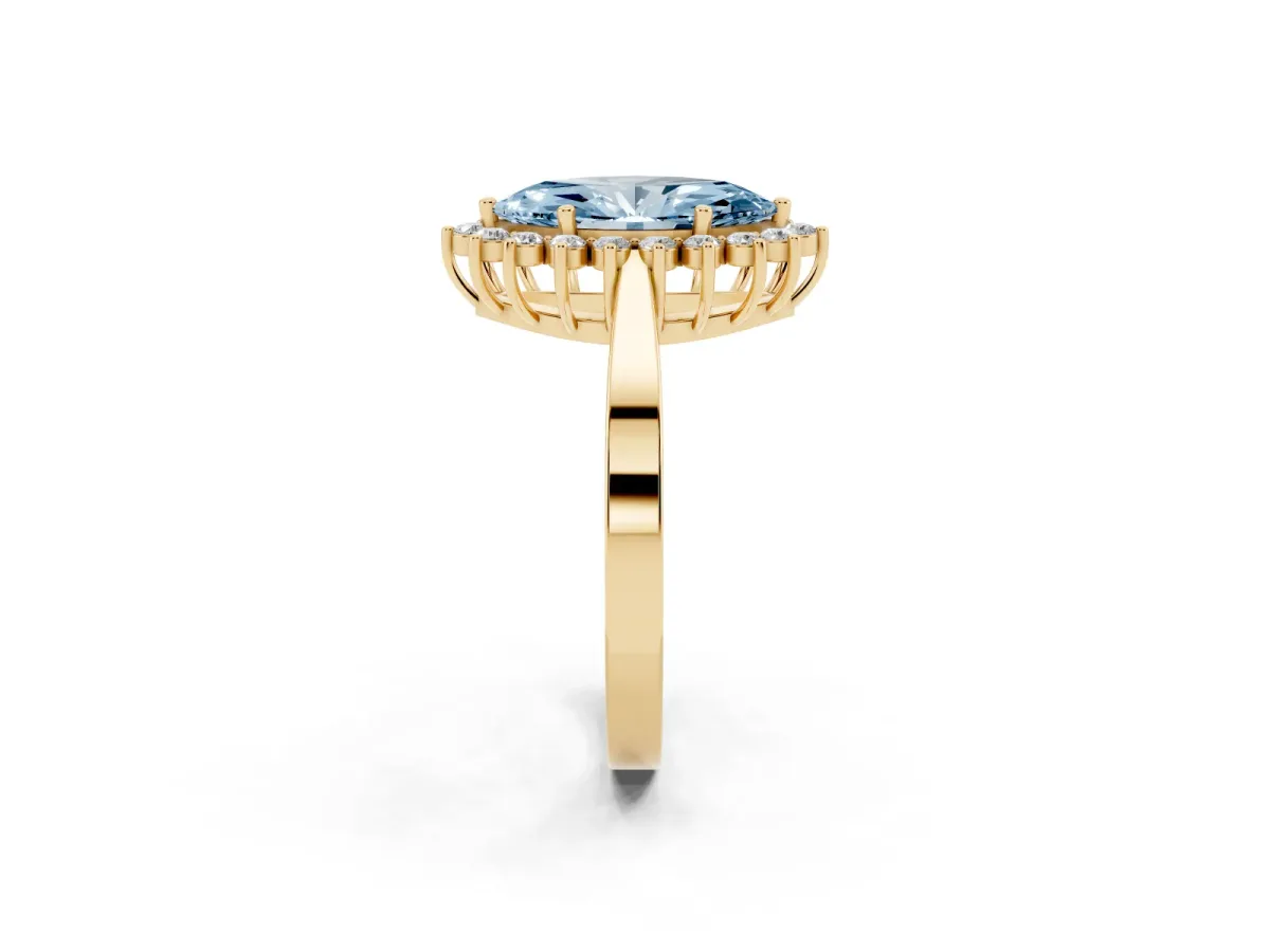Fancy Blue Marquise Cut Cut Diamond Halo Ring with Round Brilliant Halo and Solitaire Band Yellow gold