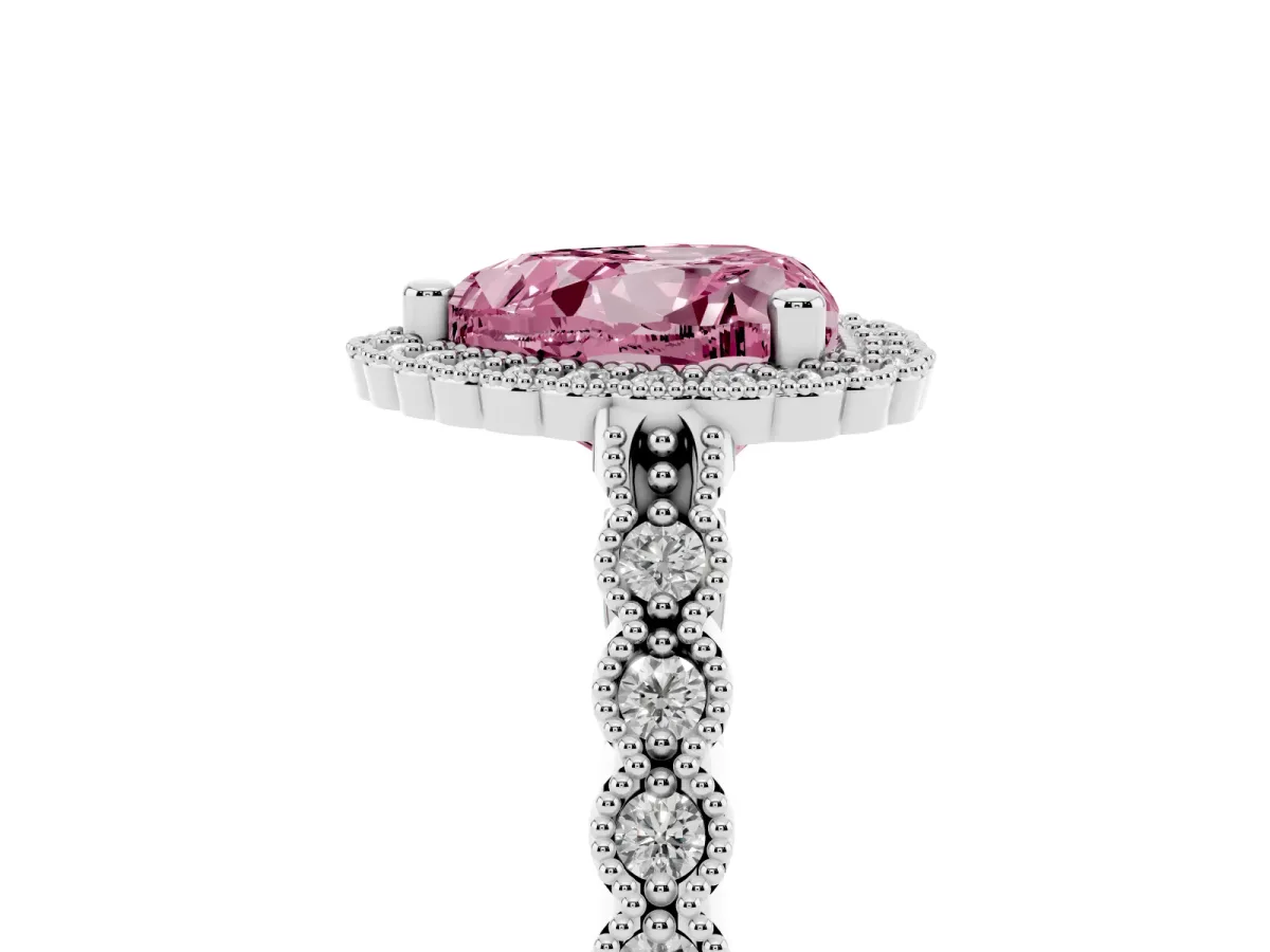 Fancy Pink Heart Cut Cut Halo Pavé Solitaire Ring with Milgrain Band Platinum