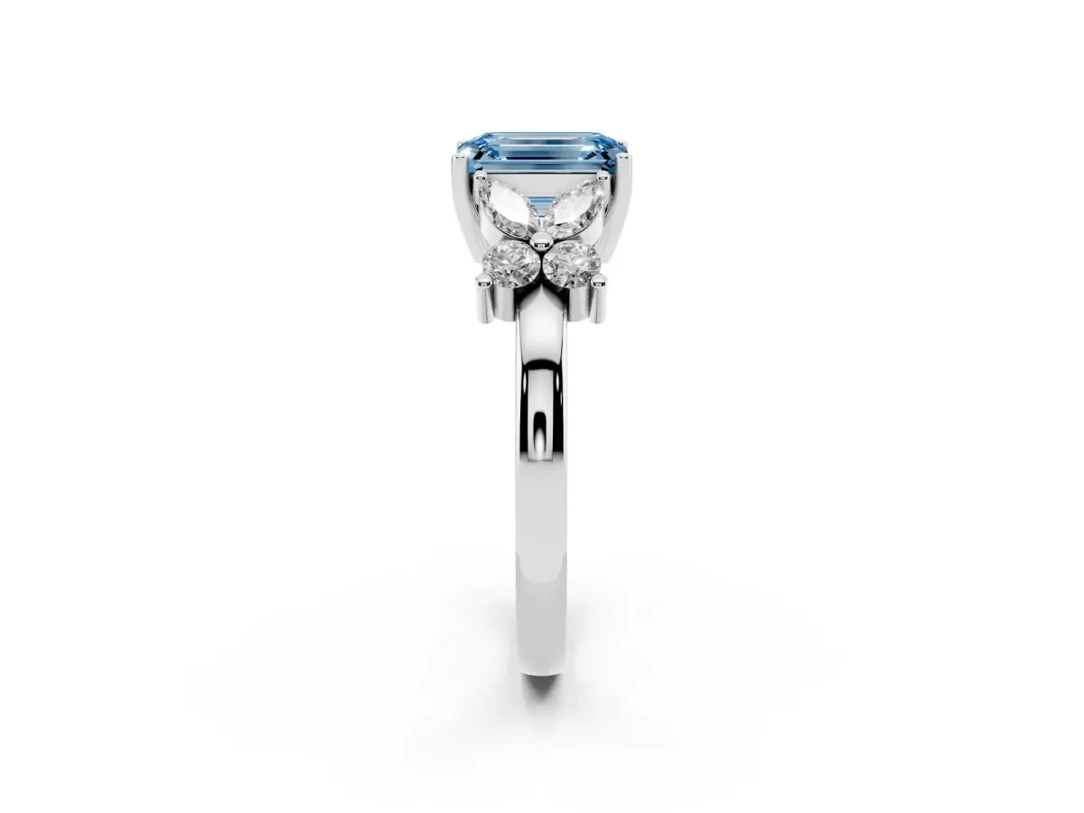 Fancy Blue Emerald Cut Diamond Floral Cluster Ring with Solitaire Band and Prong Setting Silver