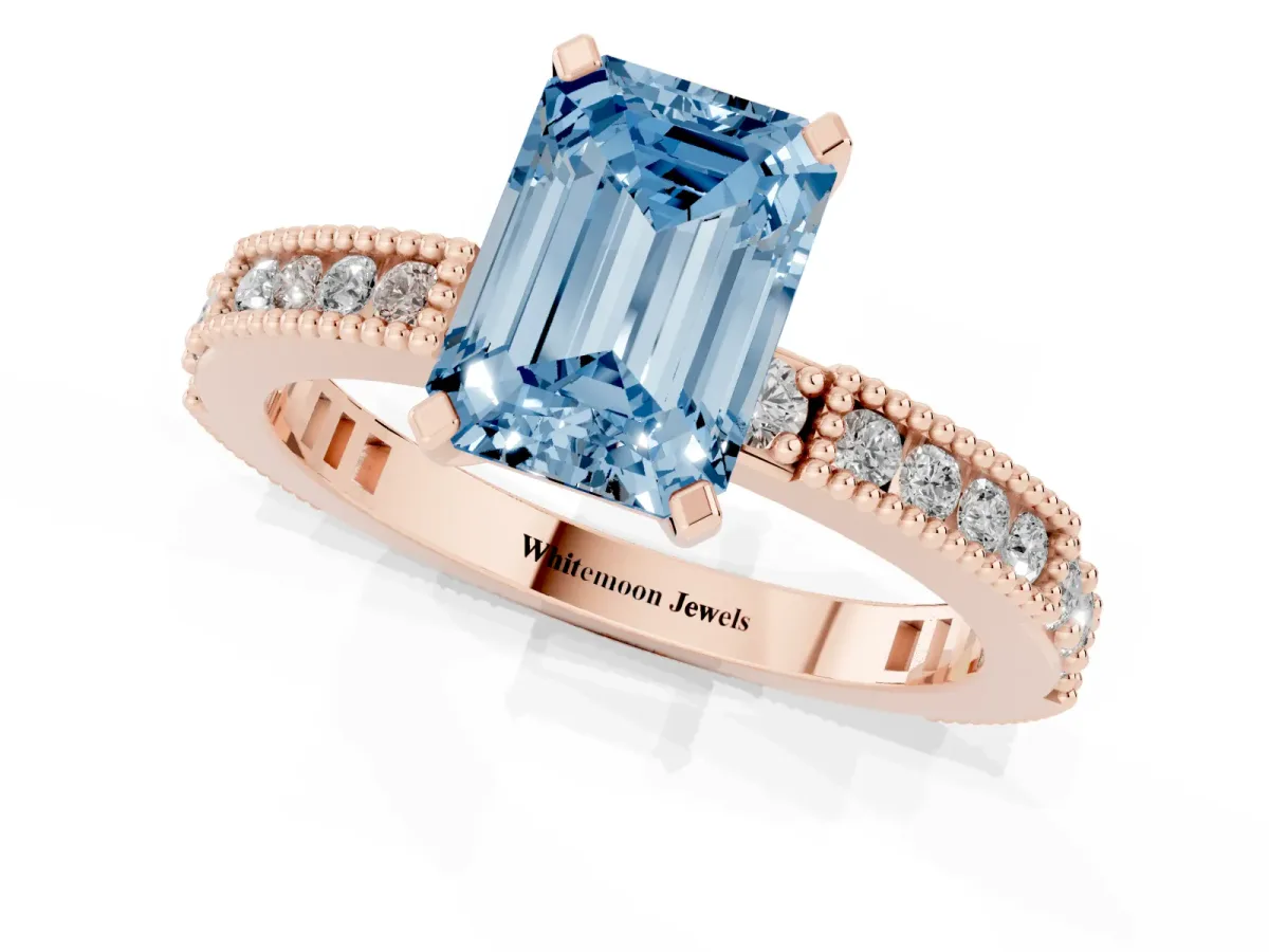 Fancy Blue Emerald Cut Solitaire with Pavé Band and Four-Prong Setting Rose gold