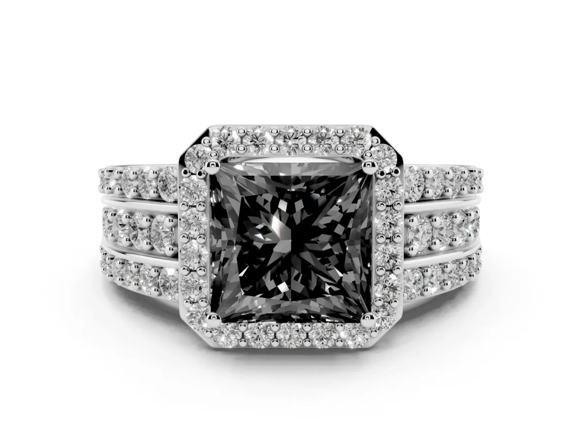 Fancy Black Princess Cut Halo Diamond Ring with Round Split Shank and Prong Setting Platinum