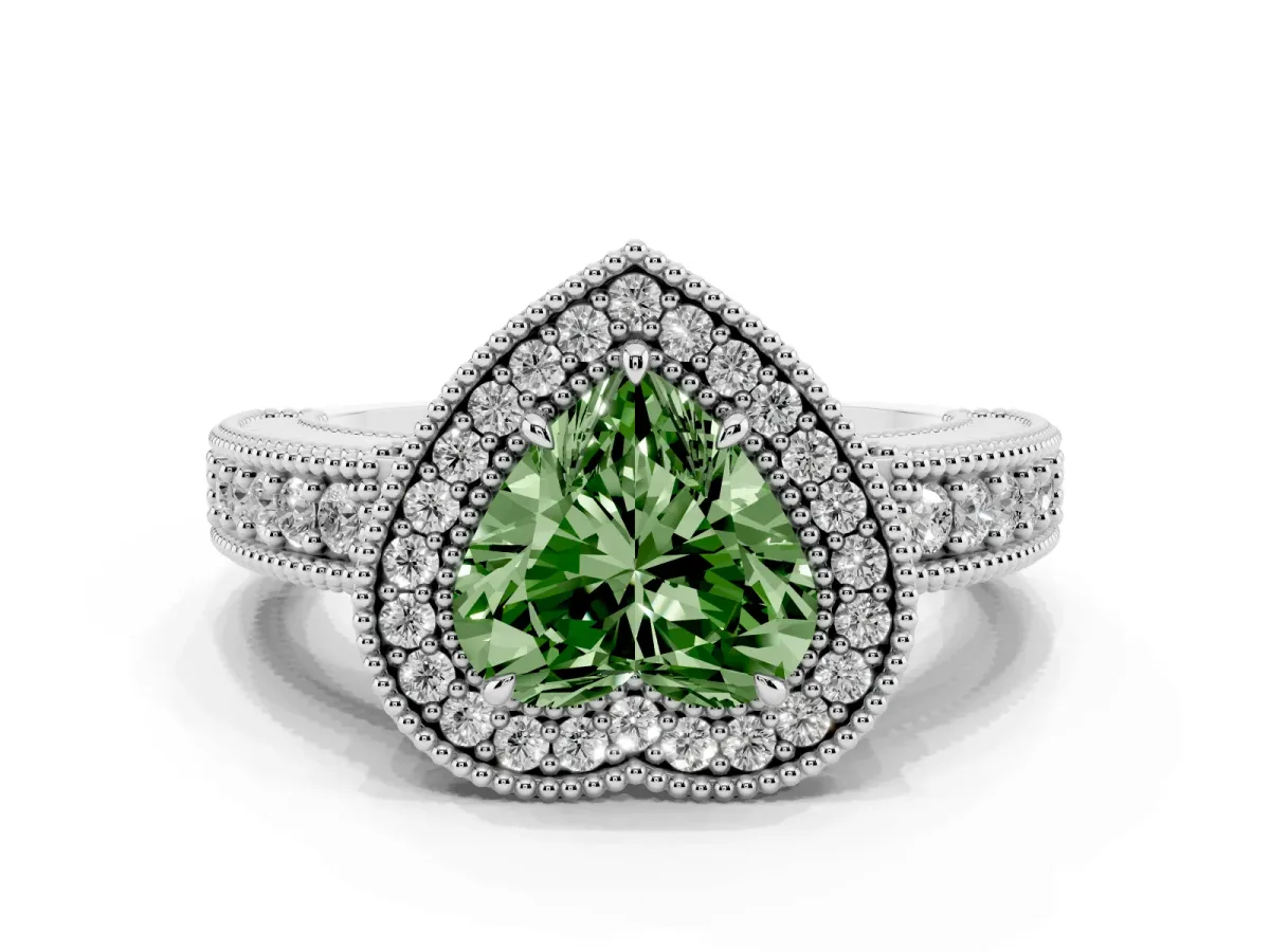 Fancy Green Heart Cut Cut Halo Diamond Ring with Pavé Band and Four-Prong Setting Platinum