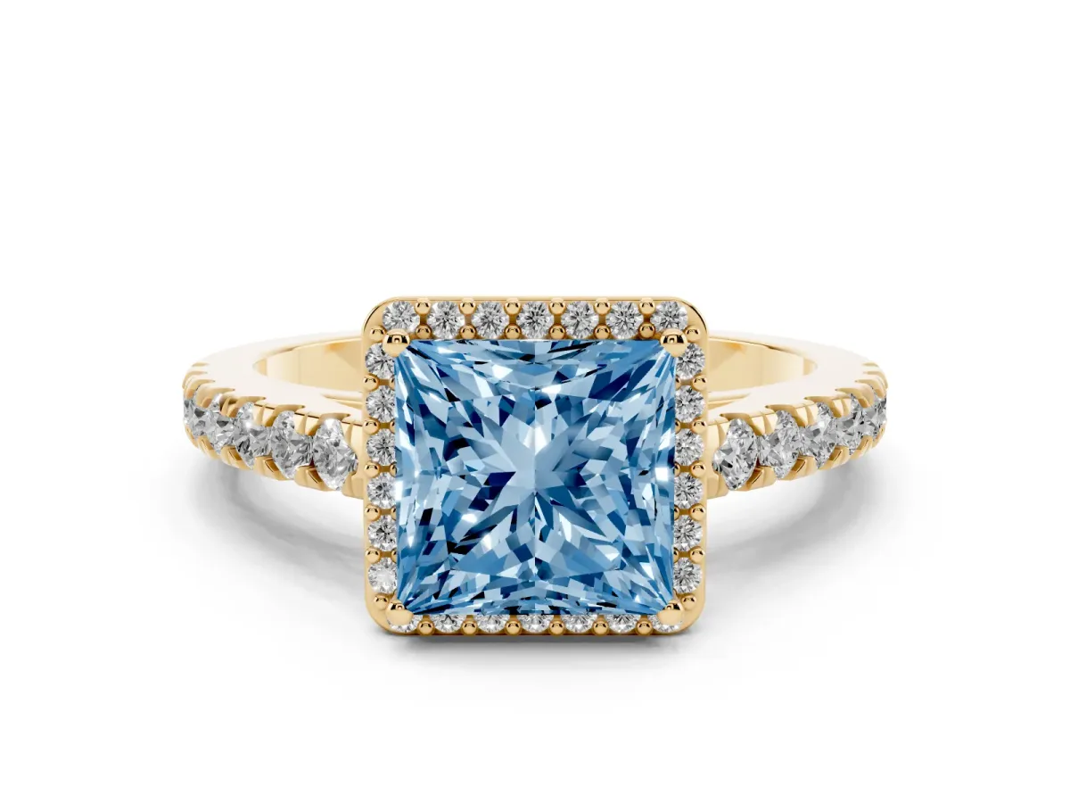 Fancy Blue Princess Cut Cut Halo Diamond Engagement Ring with Pave Band and Four-Prong Setting Yellow gold