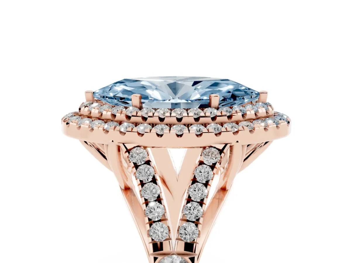 Fancy Blue Marquise Cut Cut Double Halo Split Shank Diamond Ring with Prong Setting Rose gold