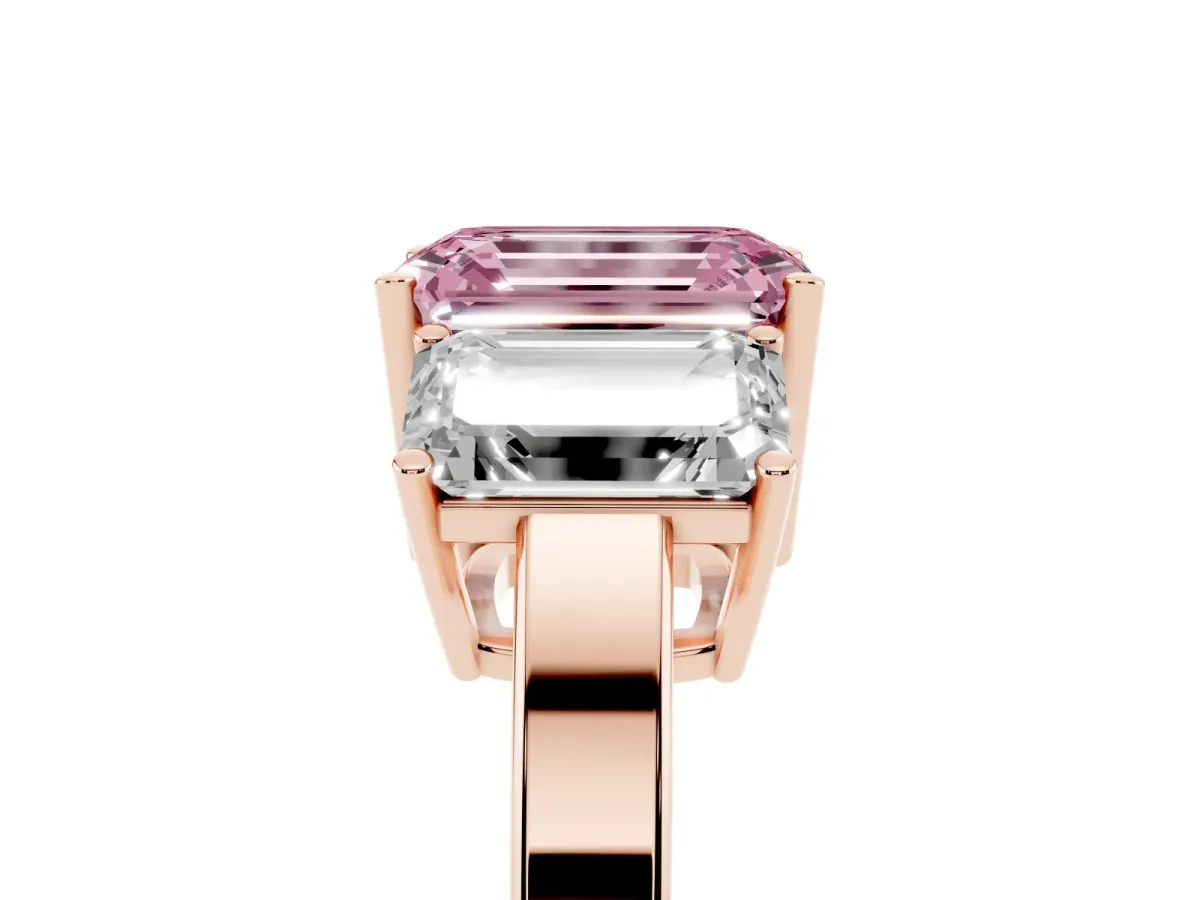Fancy Pink Three-Stone Emerald Cut Cut Diamond Engagement Ring with Flat Band and Four-Prong Setting Rose gold