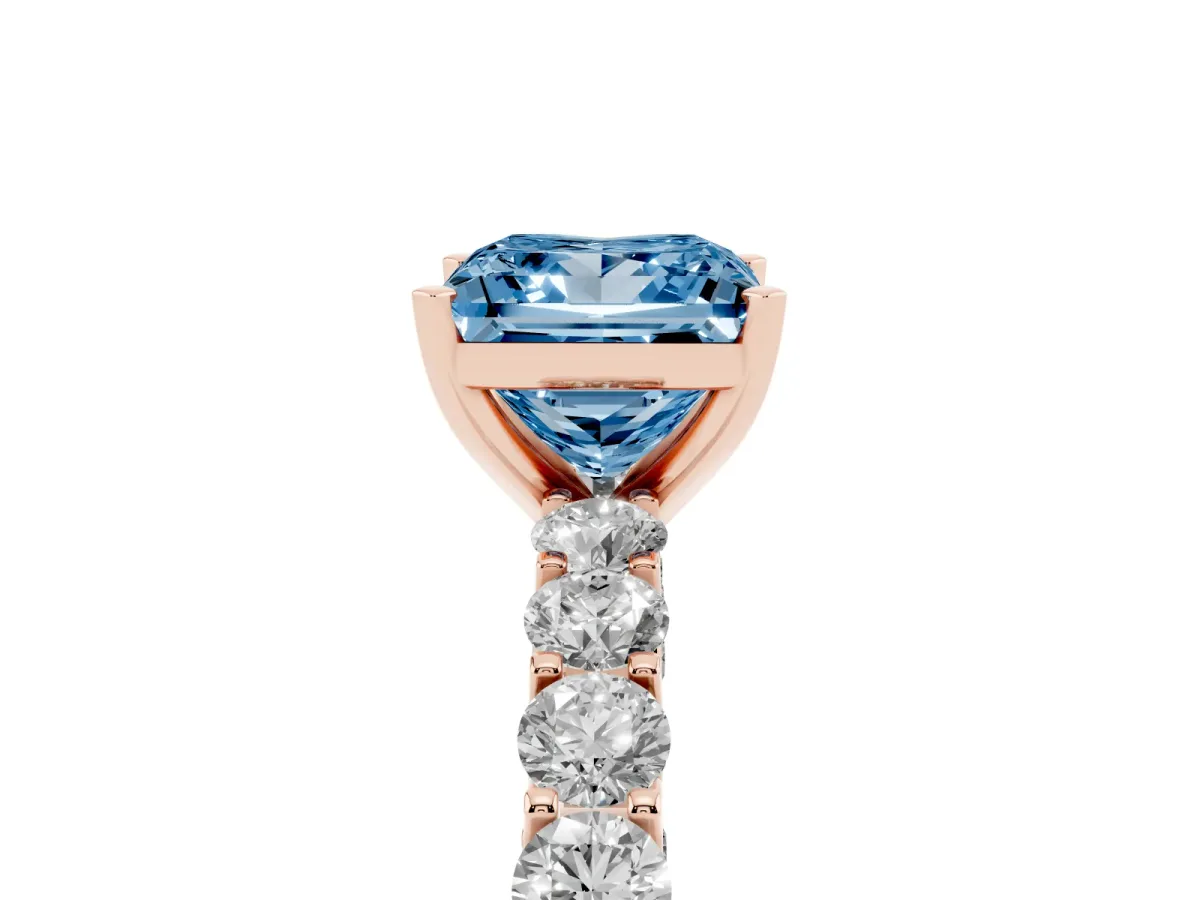 Fancy Blue Princess Cut Diamond Solitaire Ring with Shared Prong Pavé Band and Four-Prong Setting Rose gold