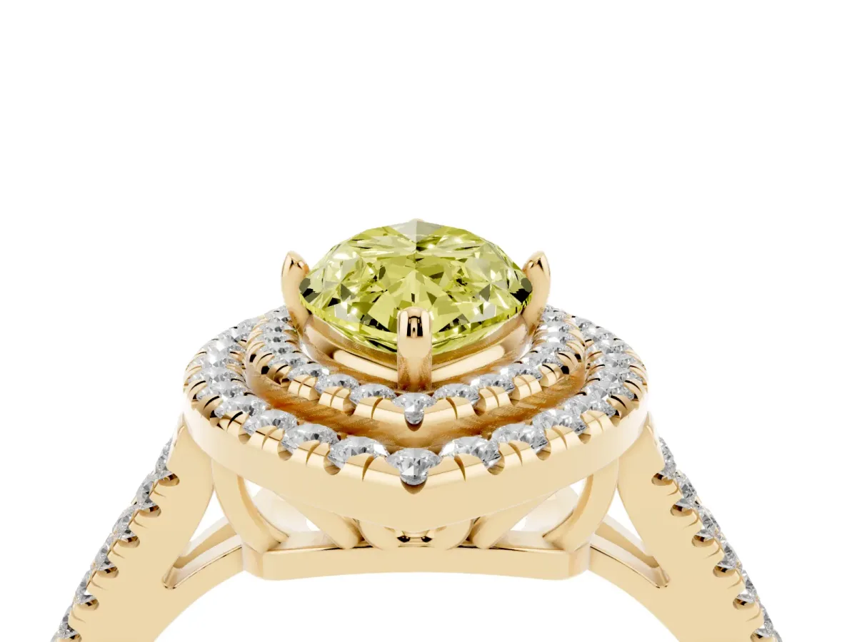 Fancy Yellow Marquise Cut Diamond Double Halo Ring with Pavé Band and Prong Setting Yellow gold