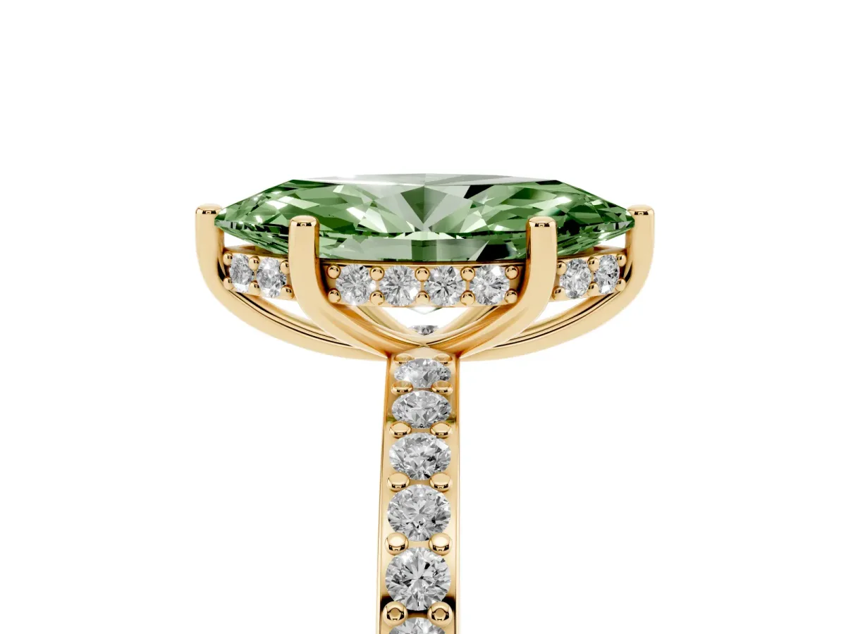 Fancy Green Marquise Cut Cut Diamond Pavé Band Ring with Four-Prong Setting Yellow gold