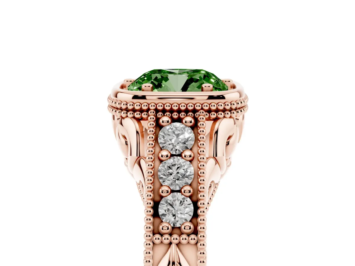 Fancy Green Bezel Set Cushion Cut Diamond Milgrain Pave Engagement Ring Rose gold