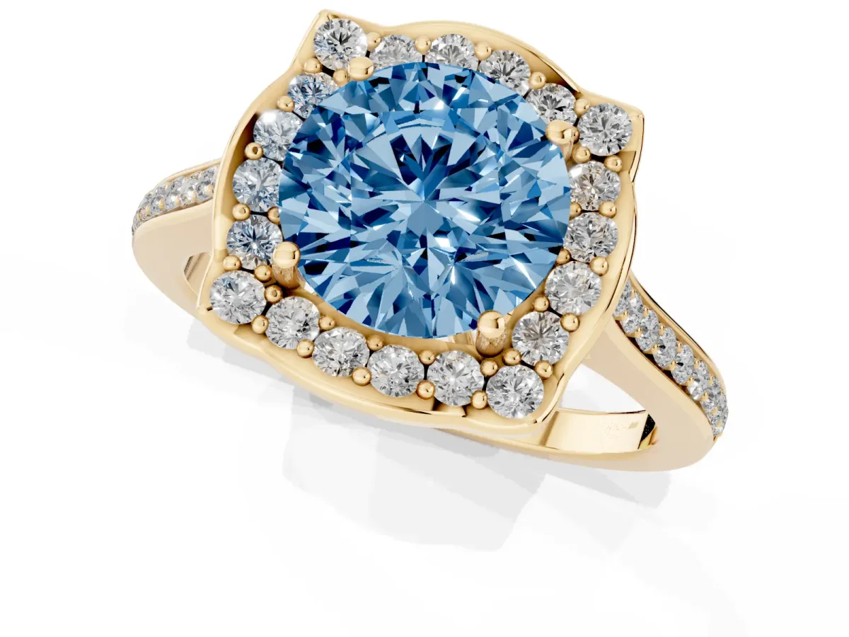 Fancy Blue Round Cut Halo Round Diamond Pave Band with Four-Prong Setting Yellow gold