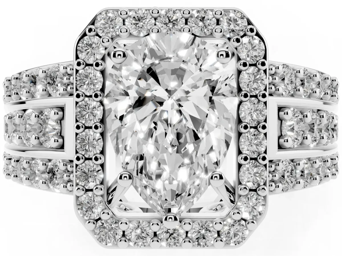 Pear Cut Halo Diamond Ring with Round Split Shank and Prong Setting White gold