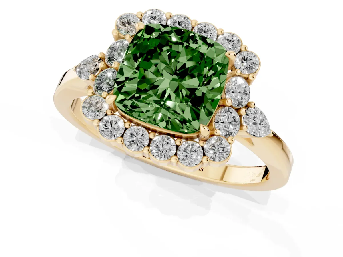 Fancy Green Cushion Cut Diamond Halo Ring with Pear Side Stones and Prong Setting Yellow gold