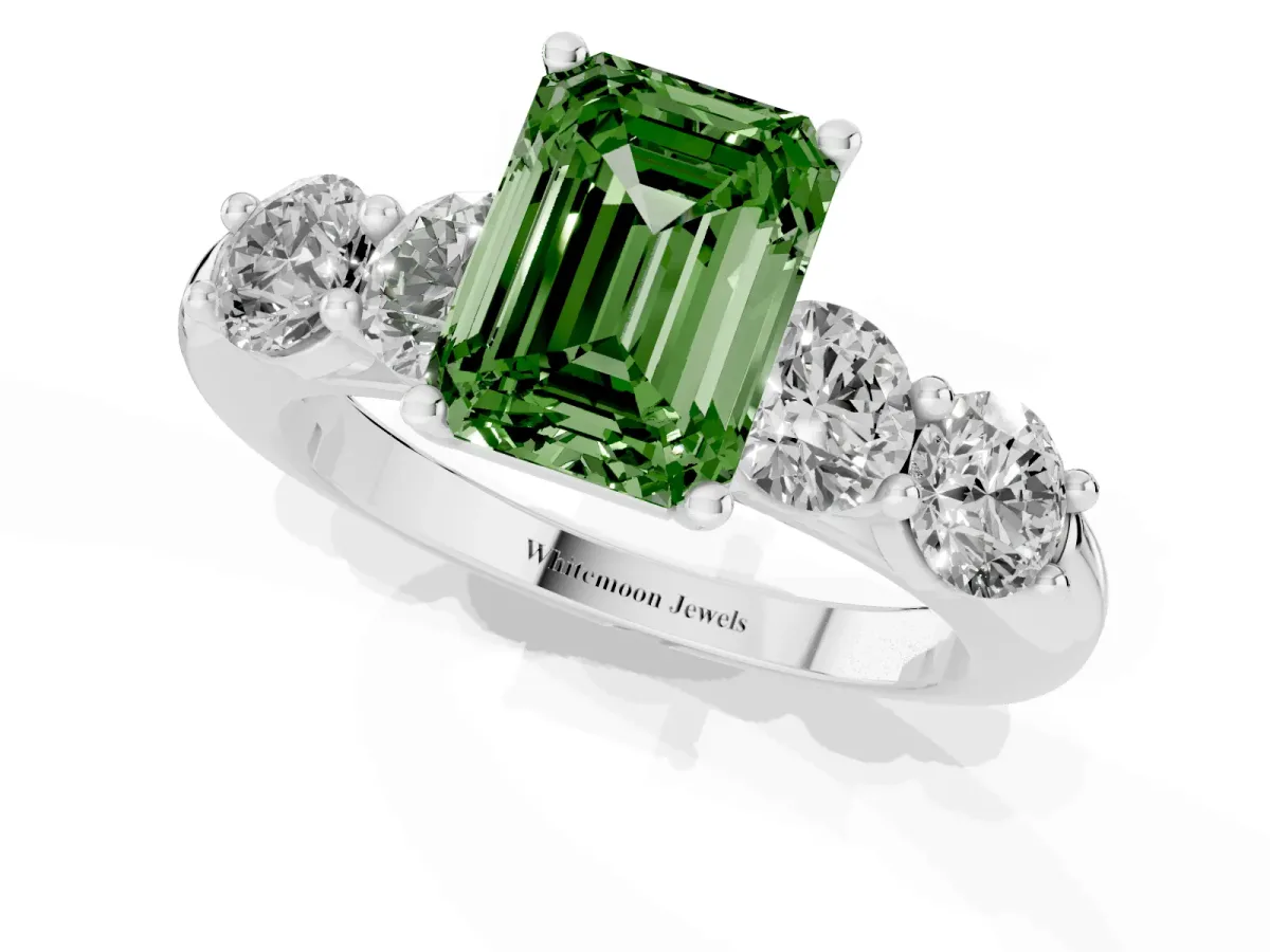 Fancy Green Emerald Cut Cut Five-Stone Prong Set Diamond Ring with Classic Band Silver