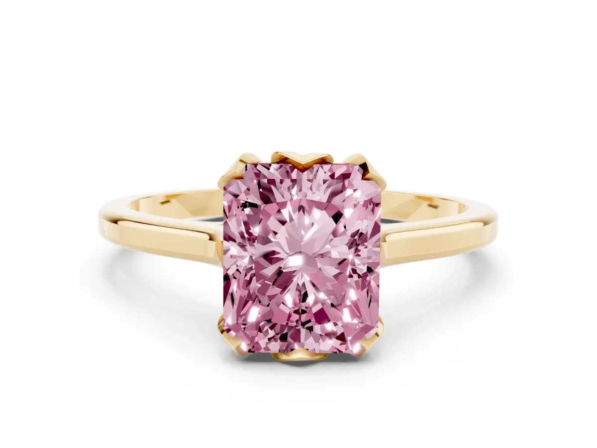 Fancy Pink Radiant Cut Diamond Solitaire Ring with Flower Prong Setting and Classic Band Yellow gold