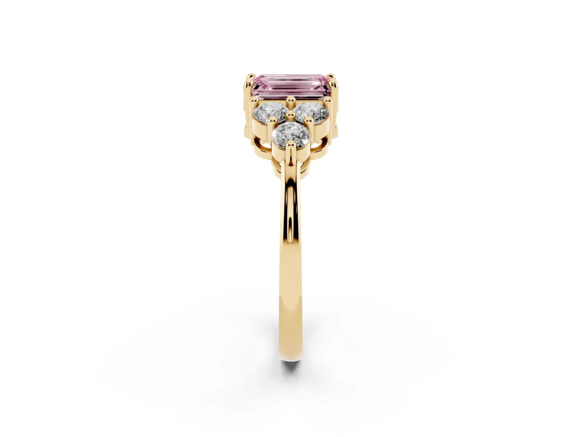 Fancy Pink Emerald Cut Brilliant Diamond Cluster Accent Solitaire Ring with Prong Setting Yellow gold