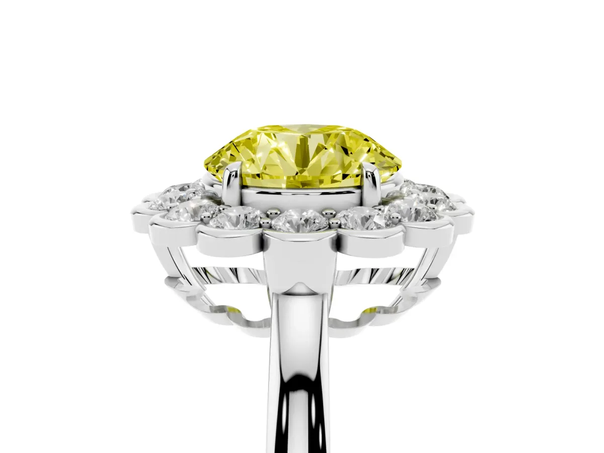Fancy Yellow Round Cut Halo Cluster Diamond Engagement Ring with Solitaire Band and Prong Setting Platinum