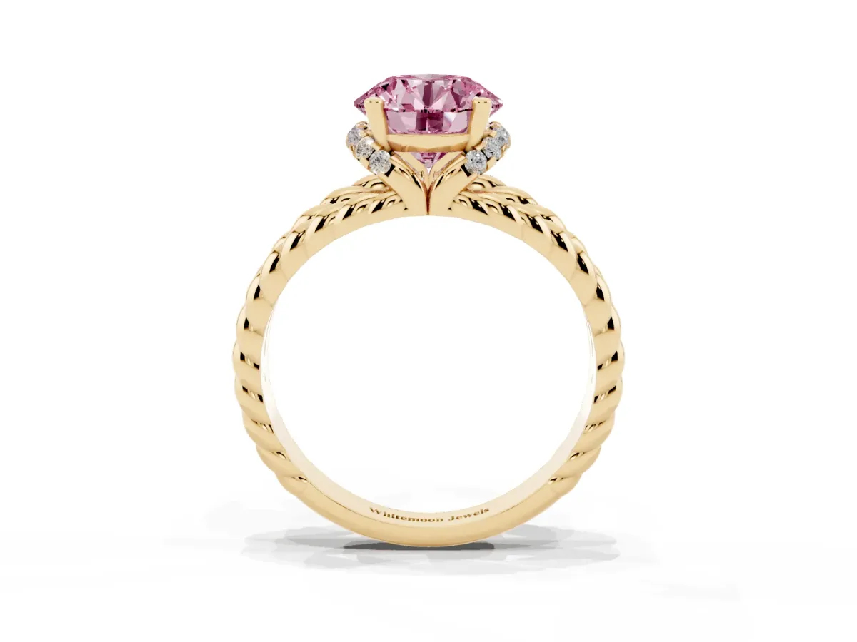 Fancy Pink Round Cut Halo Twisted Band Four-Prong Ring Yellow gold