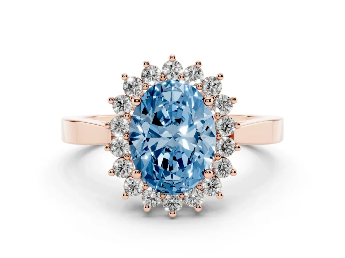 Fancy Blue Oval Cut Cut Diamond Halo Ring with Round Brilliant Halo and Solitaire Band Rose gold