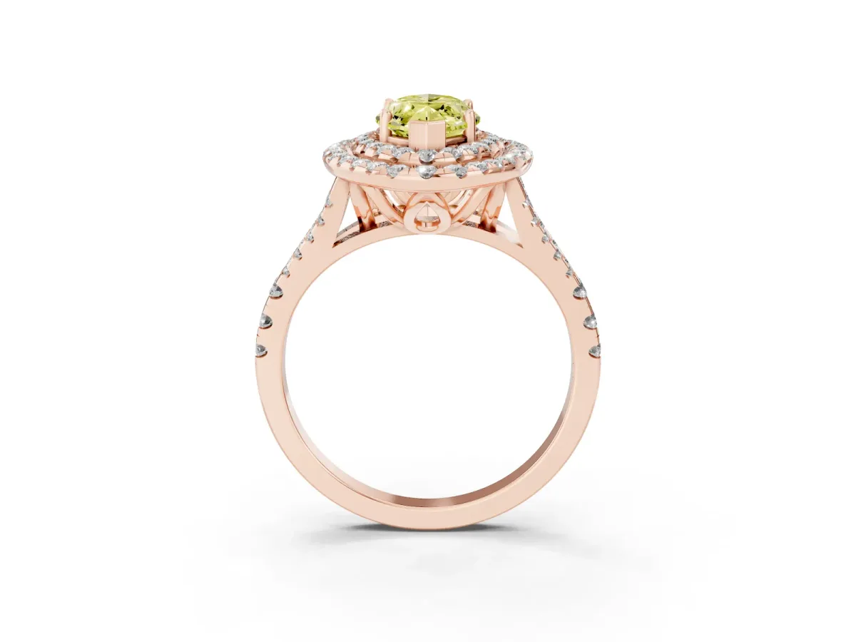 Fancy Yellow Double Halo Marquise Cut Diamond Pavé Split Shank Ring with Prong Setting Rose gold