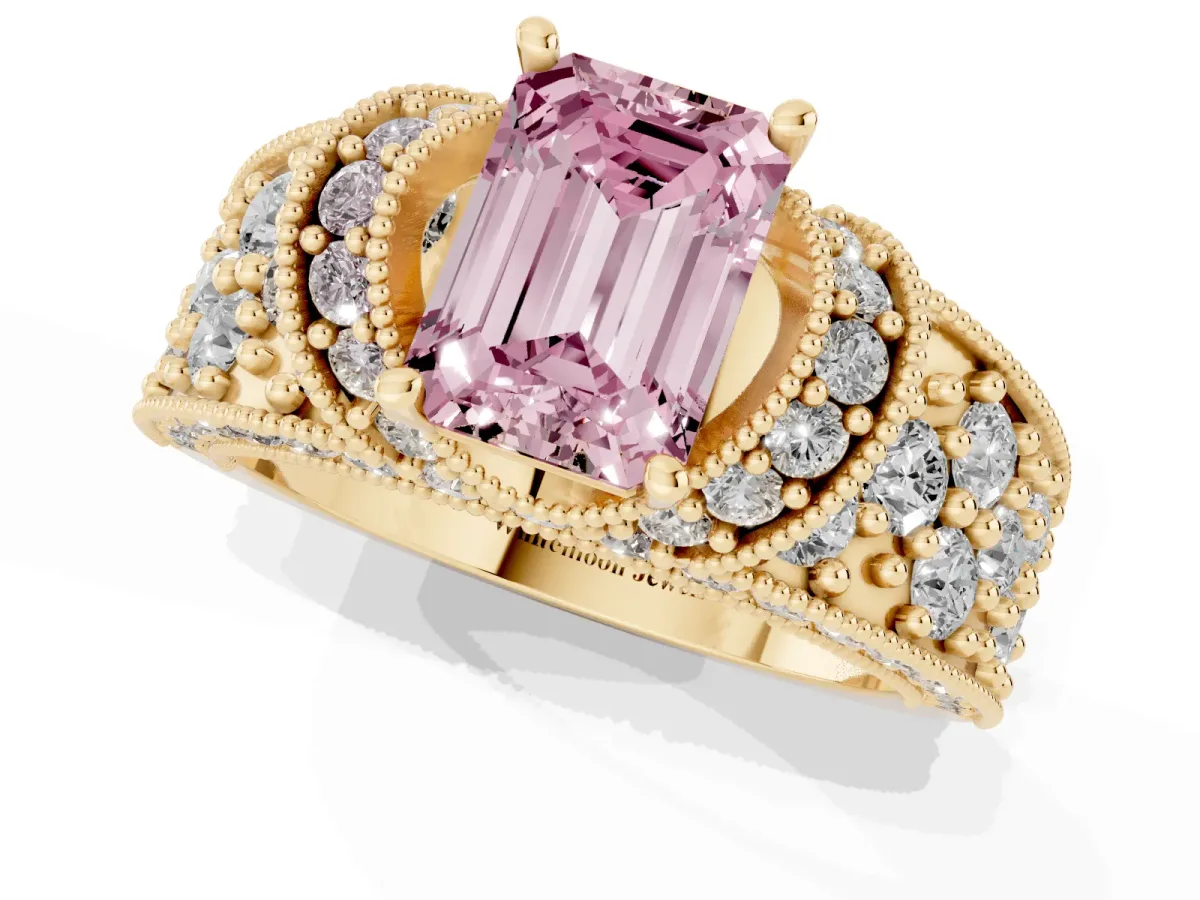 Fancy Pink Emerald Cut Halo Pave Diamond Engagement Ring with Milgrain Detailing Yellow gold