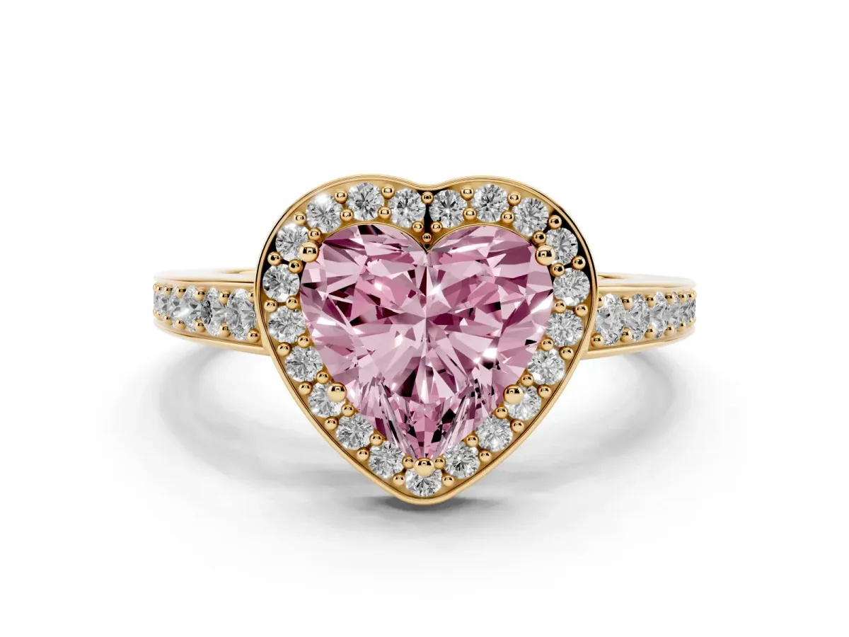 Fancy Pink Heart Cut Halo Pavé Diamond Engagement Ring with Bezel Setting Yellow gold