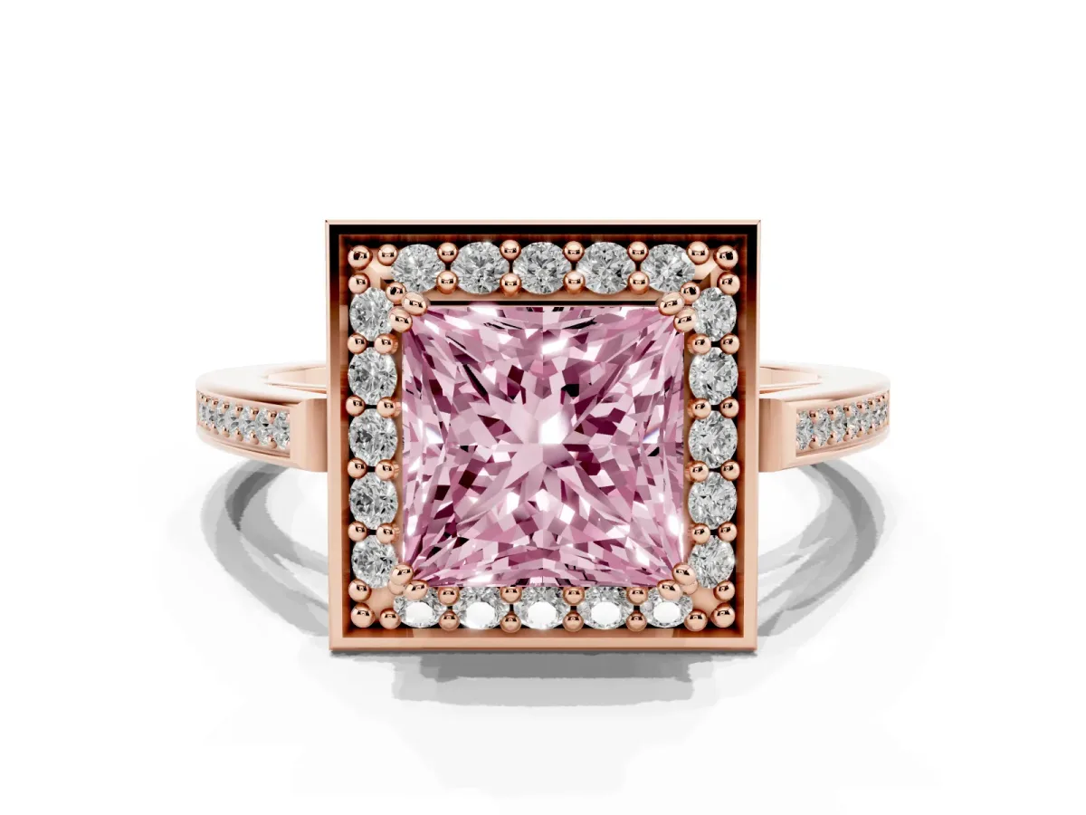 Fancy Pink Princess Cut Diamond Halo Ring with Split Shank and Four-Prong Setting Rose gold