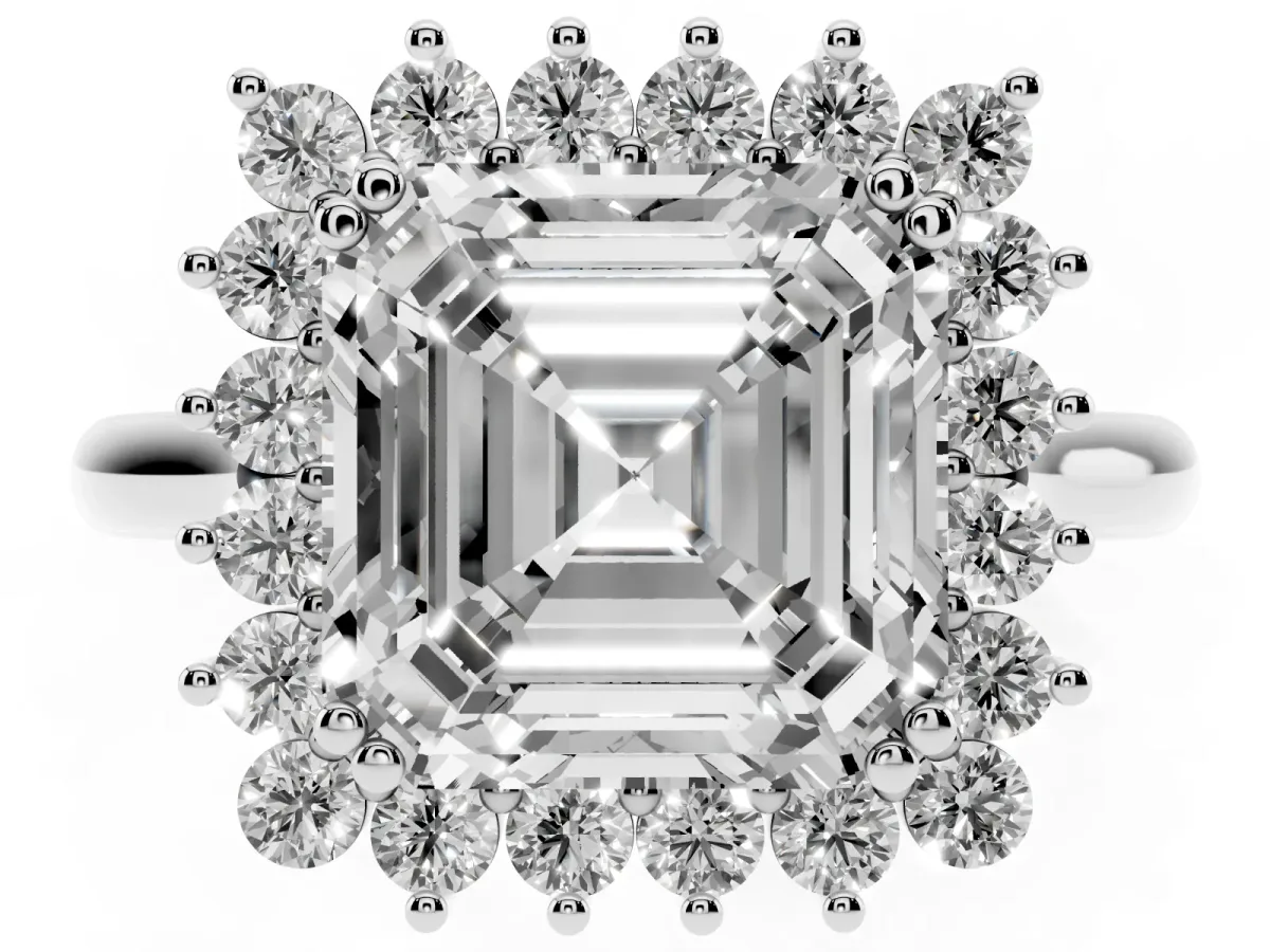 Asscher Cut Cut Diamond Halo Ring with Solitaire Band and Prong Setting Silver