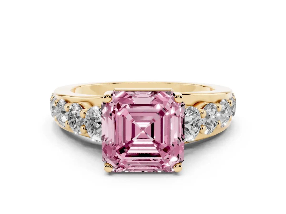 Fancy Pink Asscher Cut Diamond Engagement Ring with Pavé Band and Four-Prong Setting Yellow gold