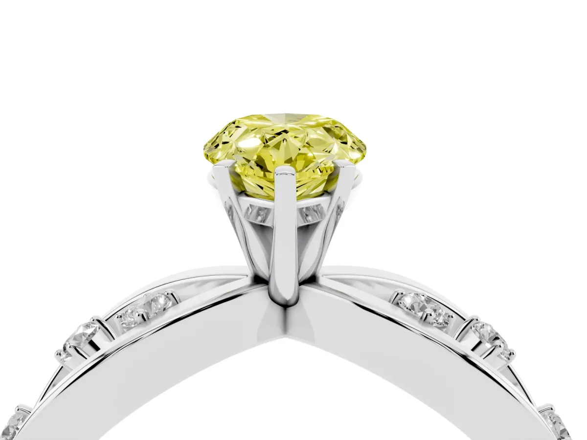 Fancy Yellow Pear Cut Cut Solitaire Diamond with Side Stones on Criss-Cross Band and Four-Prong Setting Silver