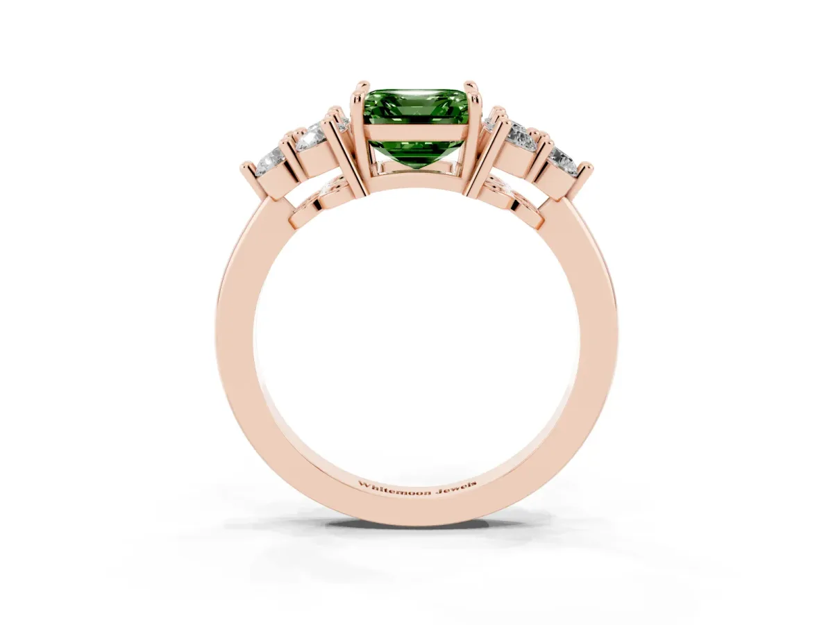Fancy Green Asscher Cut Brilliant Diamond Cluster Accent Solitaire Ring with Prong Setting Rose gold