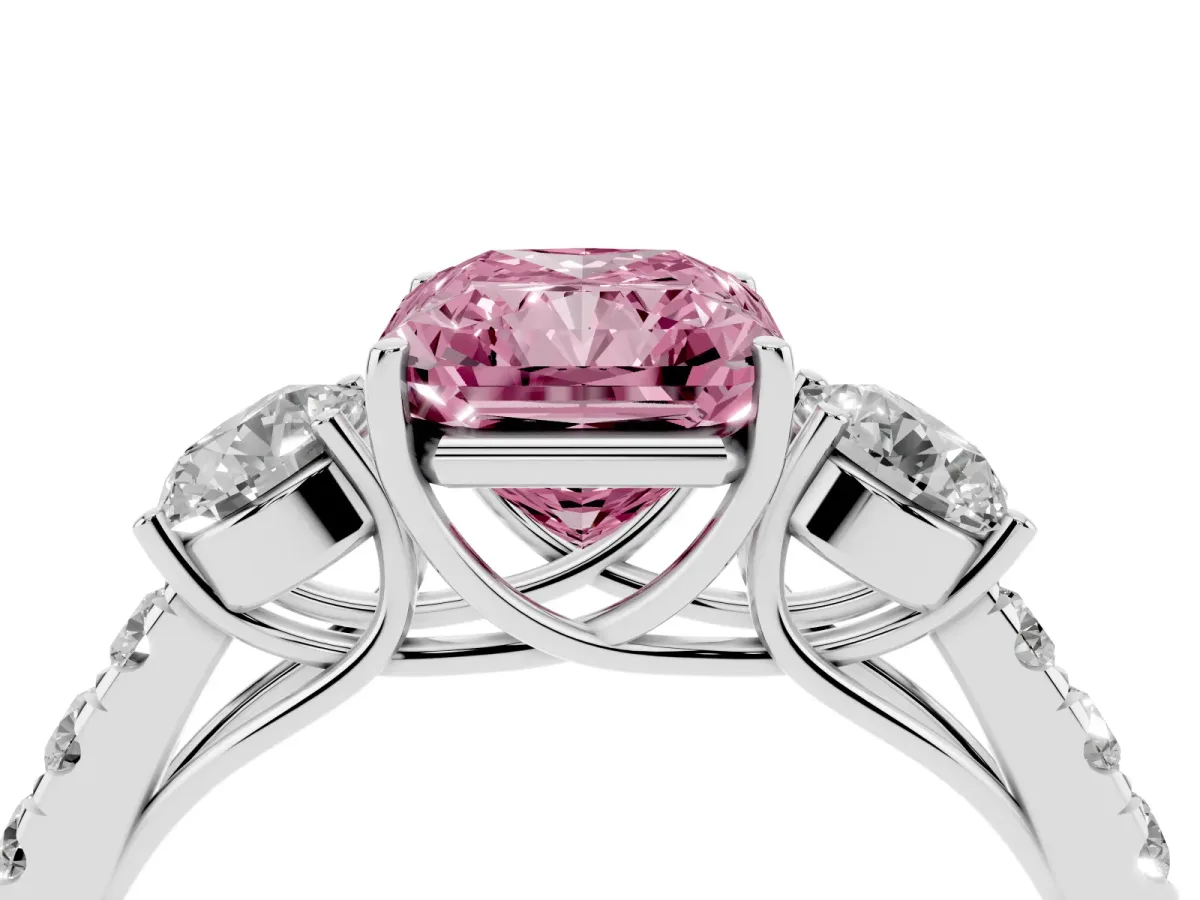 Fancy Pink Radiant Cut Cut Diamond Three-Stone Ring with Round Side Stones and Pavé Band Silver