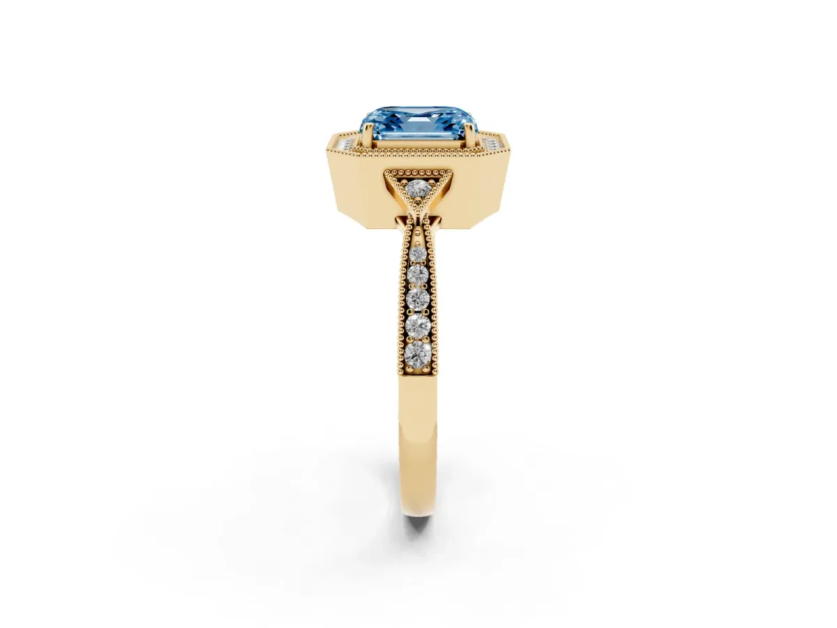 Fancy Blue Asscher Cut Halo Round Diamond Milgrain Pave Engagement Ring Yellow gold
