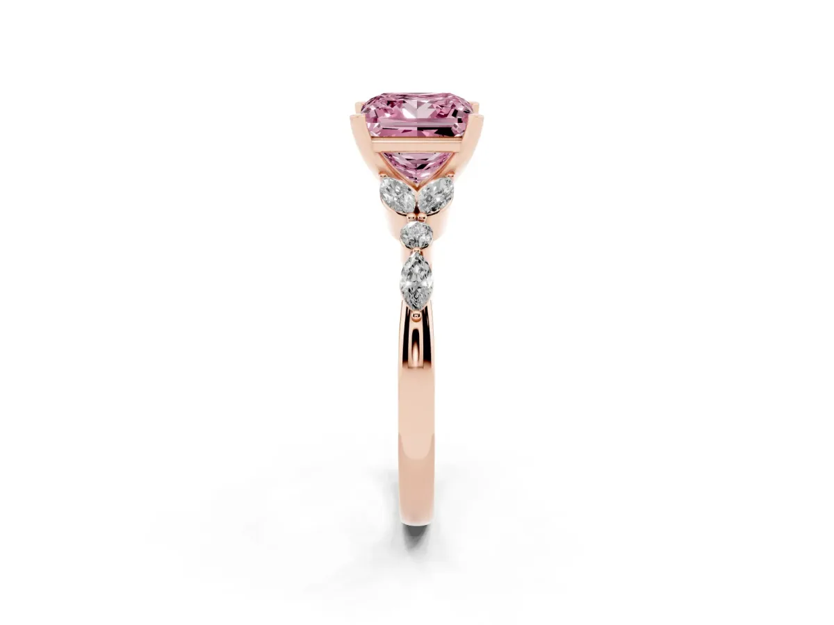 Fancy Pink Princess Cut Diamond Solitaire Ring with Side Stones and Four-Prong Setting Rose gold