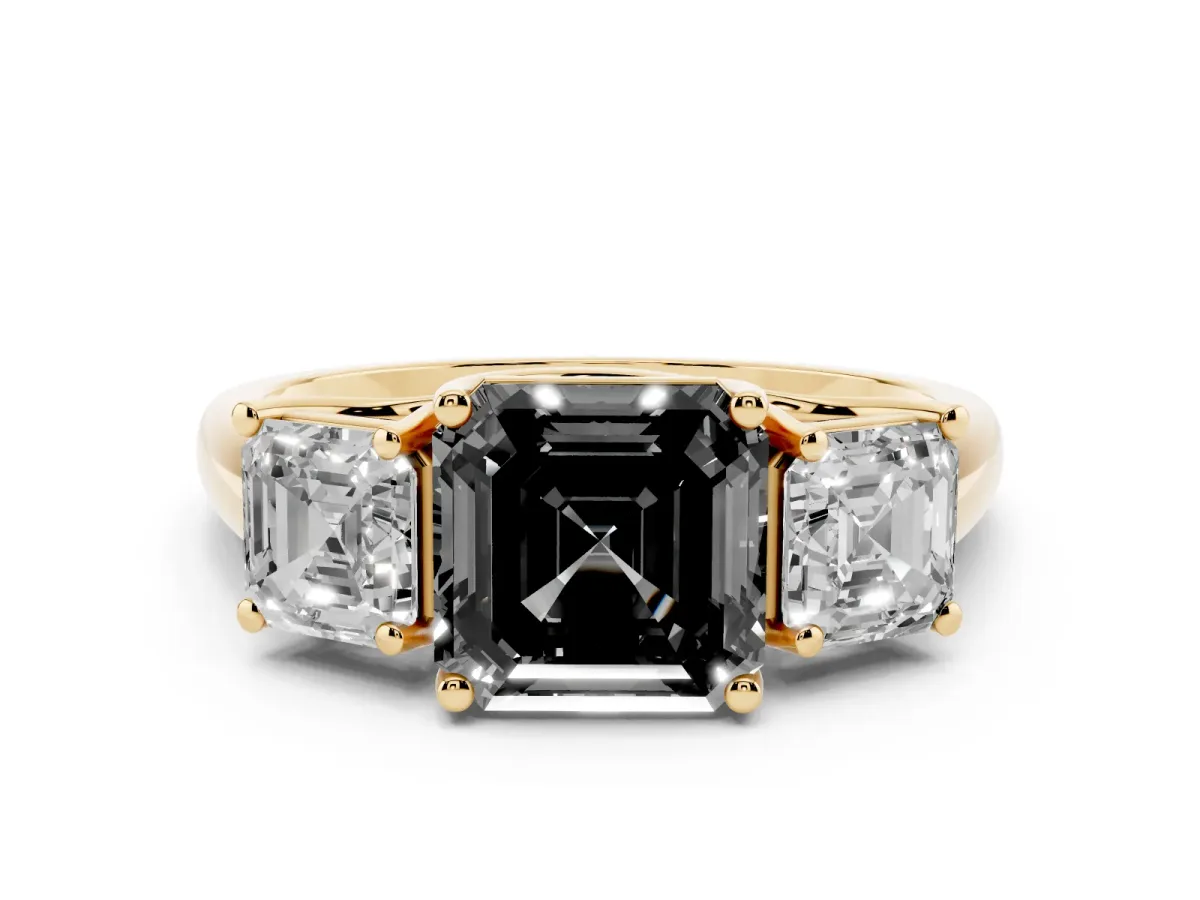 Fancy Black Three-Stone Asscher Cut Diamond Engagement Ring with Prong Setting Yellow gold