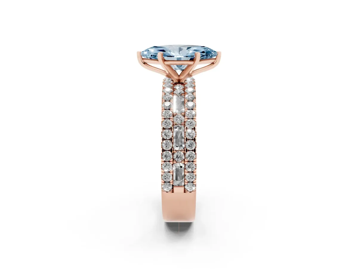 Fancy Blue Marquise Cut Diamond Solitaire Ring with Pavé and Channel Set Band Rose gold