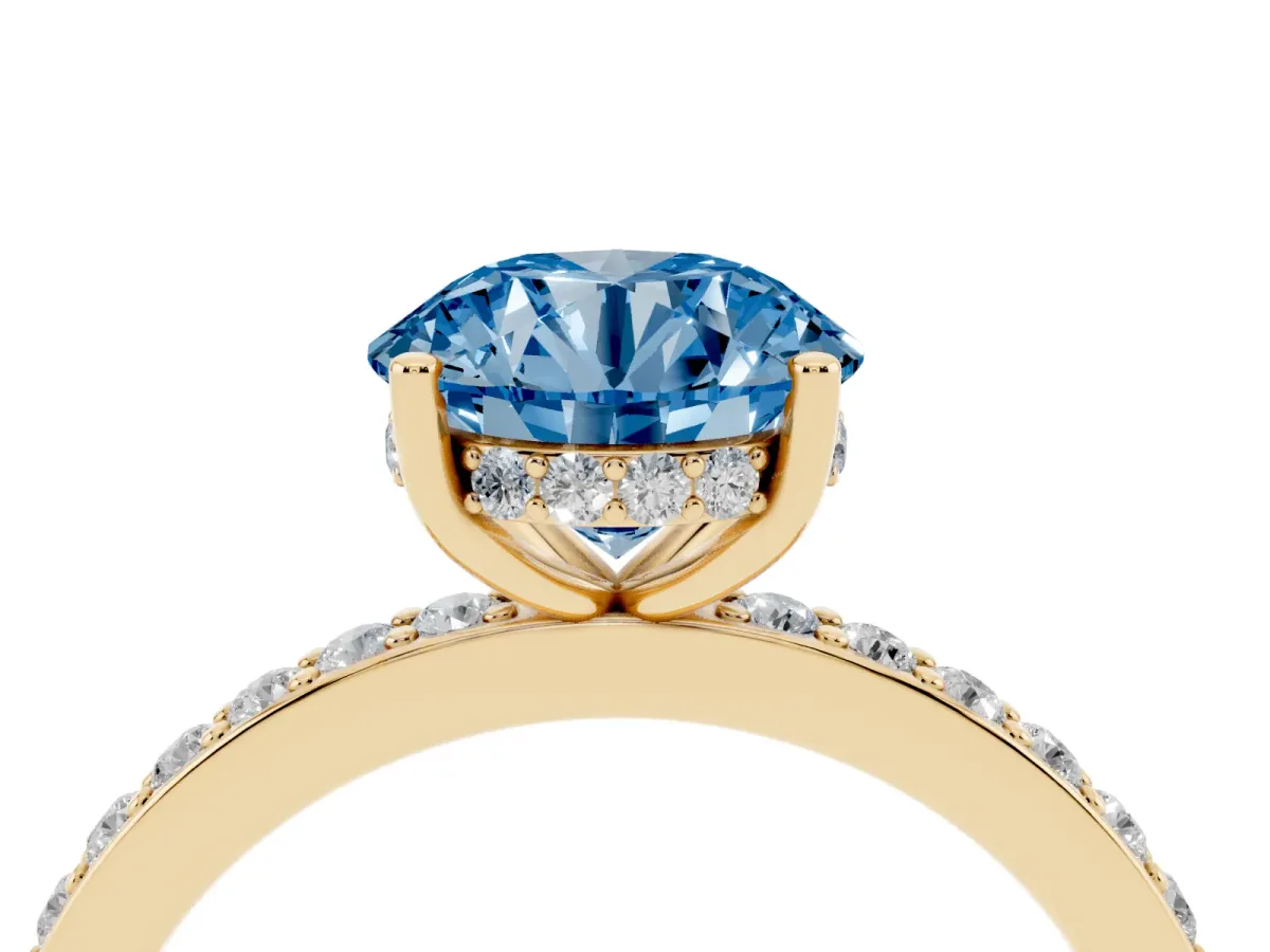 Fancy Blue Round Cut Cut Diamond Pavé Band Ring with Four-Prong Setting Yellow gold