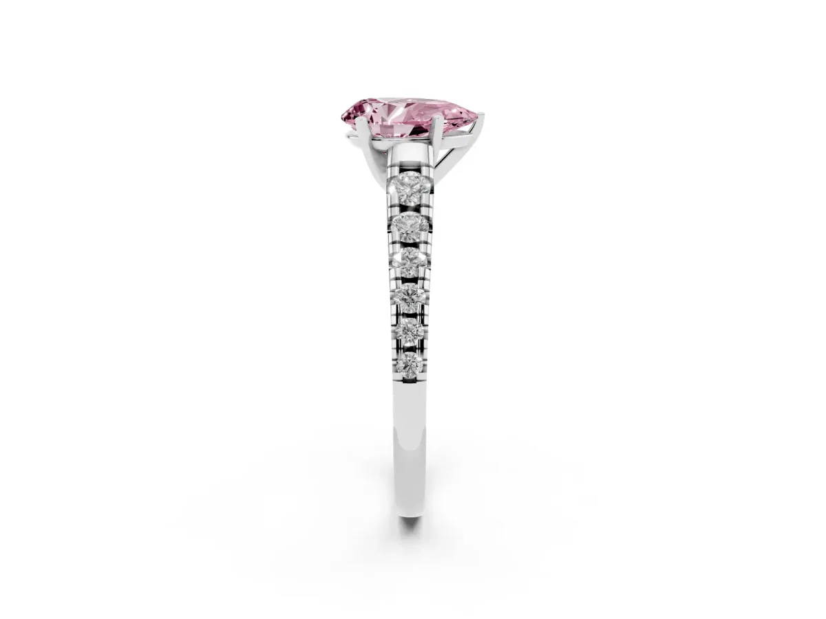 Fancy Pink Pear Cut Diamond Cathedral Solitaire Ring with Round Pavé Band Silver