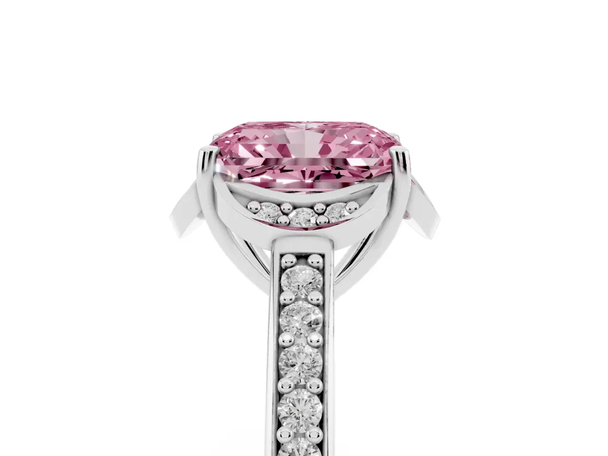 Fancy Pink Radiant Cut Cut Halo Diamond Ring with Channel Set Band and Four-Prong Setting Platinum